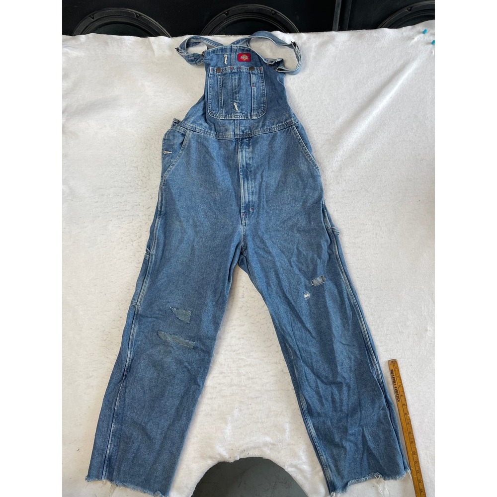 Dickies Denim Overalls Mens 40x28 Blue Distressed Carpenter Bib Workwear Raw Hem